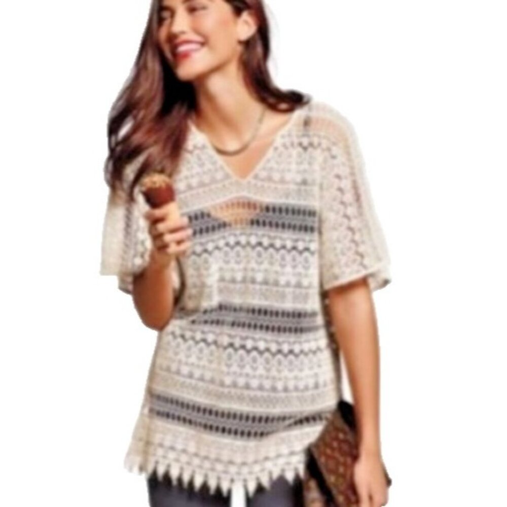 CAbi Love Carol Womens Top Small Cream Crochet Lace BOHO Oversized #5026